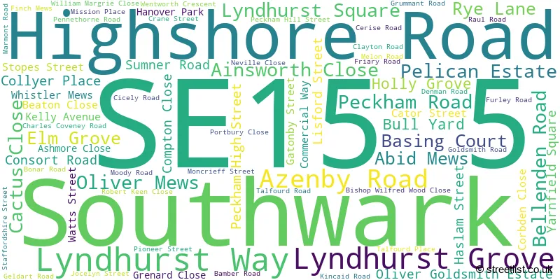 A word cloud for the SE15 5 postcode
